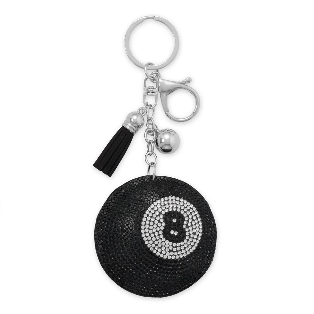 Eight Ball Bag Charm Black and Silver Crystal and Silver Tone Hardware
